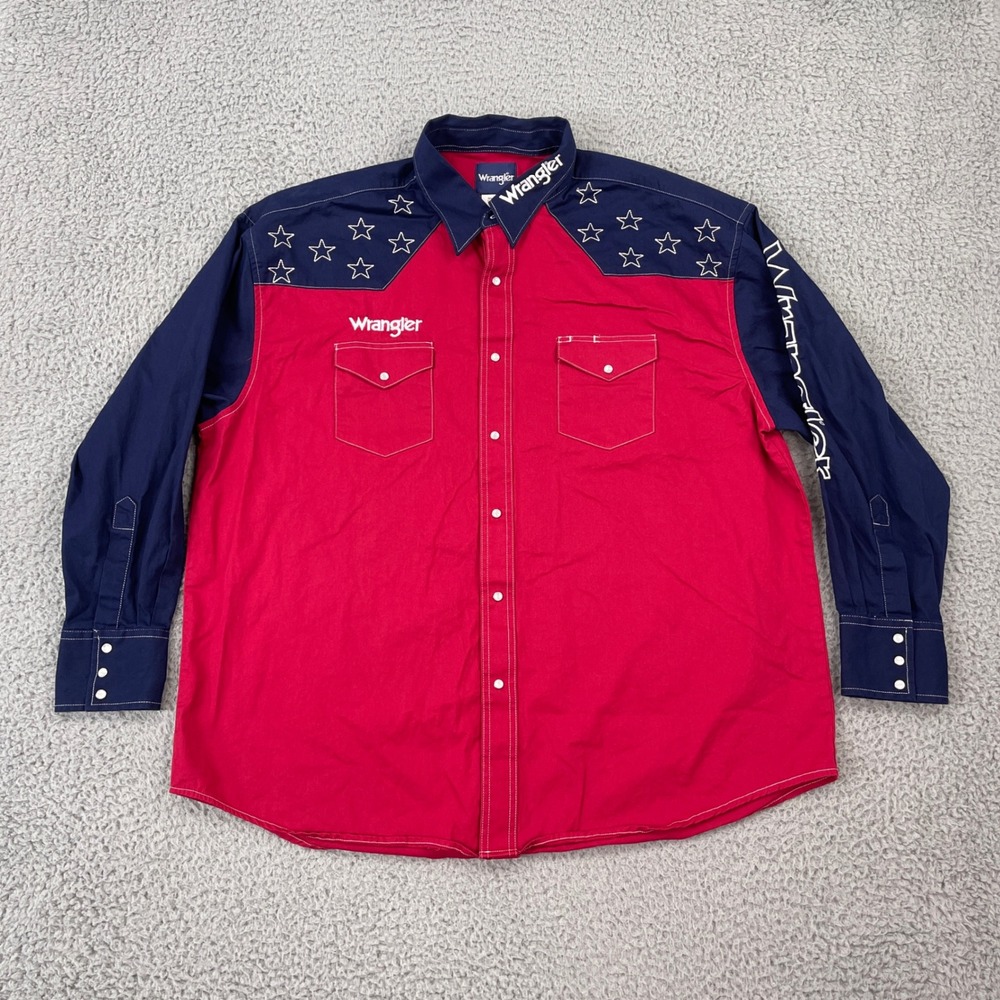 Wrangler Western Shirt Mens XXL Red Blue Star Embroidered Pearl Snap Vintage